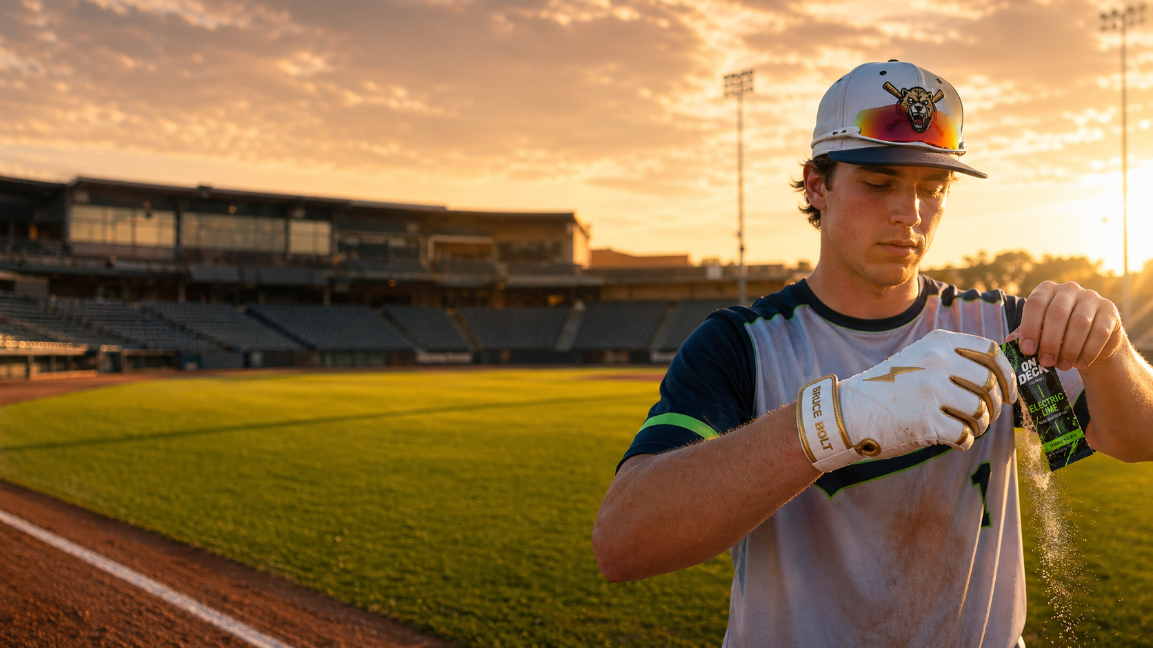 Ballplayer pouring On Deck Electric Lime electrolytes at the ballpark