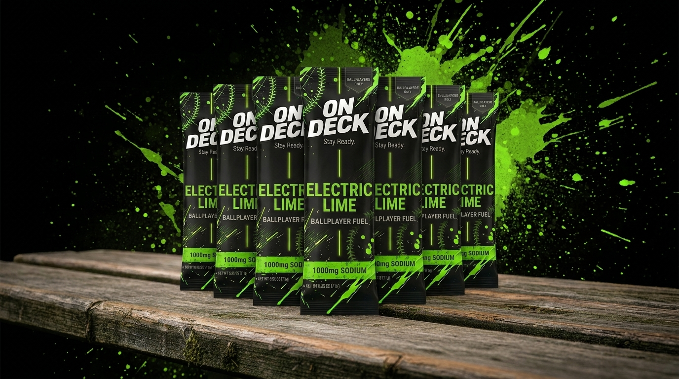 On Deck Electric Lime stick packs fanned out on a wooden dugout bench