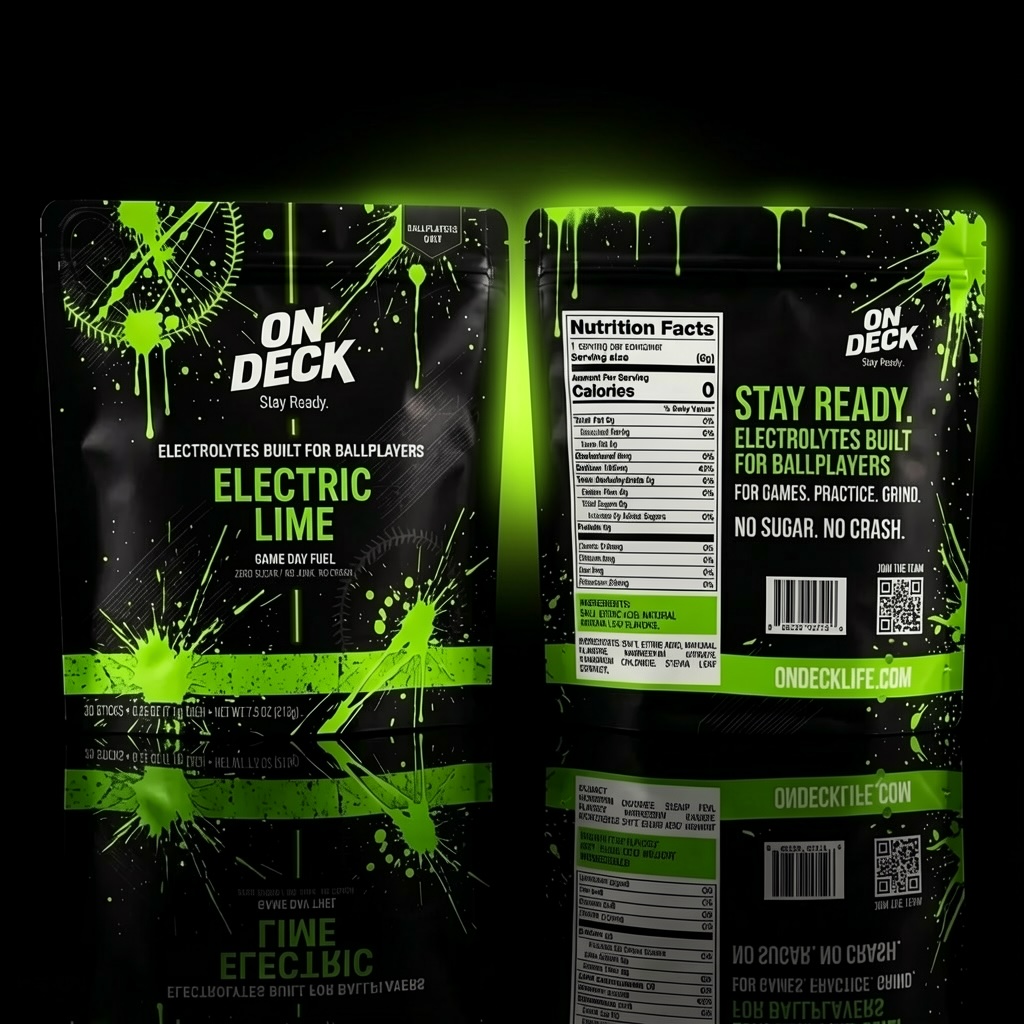 On Deck Electric Lime electrolyte pouch front and back